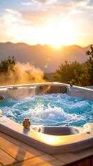 Bubbling hot tub with mountain view at sunset, steam rising