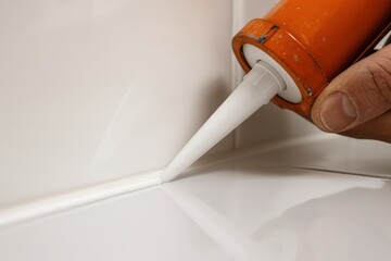 Applying white silicone sealant along the tile corner to create a waterproof bathroom joint