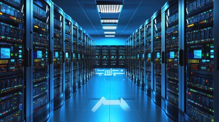 A server room with multiple servers and a blue light in the background.