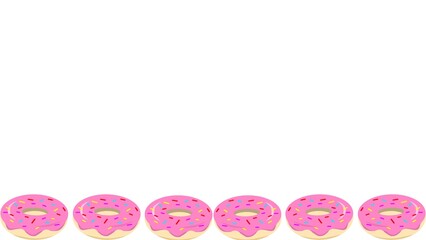 Pink sprinkled donuts frame on white. Bottom border pink donuts. Donut frame with pink frosting and rainbow sprinkles