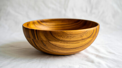 Empty natural acacia wood serving bowl with beautiful grain texture sitting on a wrinkled white linen surface.
