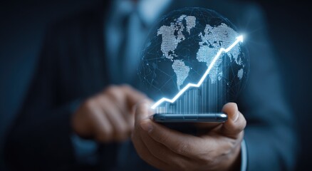 Businessman holding phone, global growth