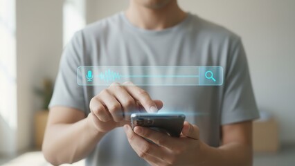A man using a smartphone with glowing voice search bar in soft light, showing calm tech use and advanced process control assistance