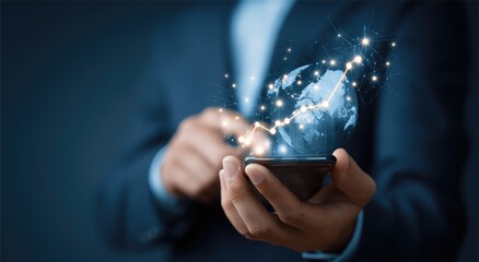 Businessman holding a smartphone with a glowing digital global network projection, representing modern technology and worldwide connectivity.