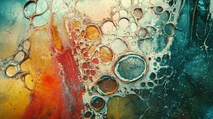 Abstract, colorful, fluid art with circular shapes and a gradient background.