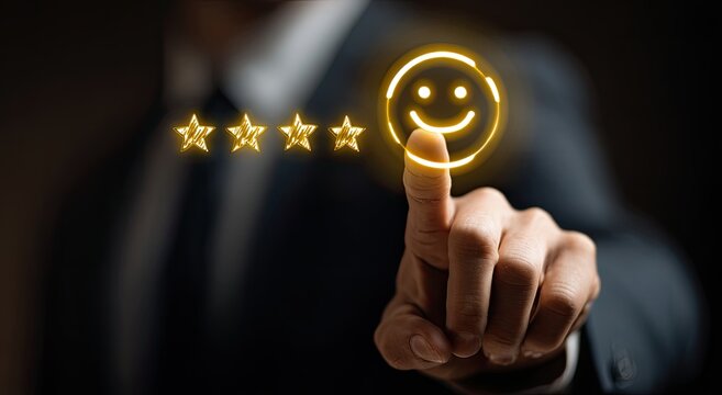 A businessman's finger touches a glowing smiley face and five stars, symbolizing excellent customer satisfaction and a perfect rating.