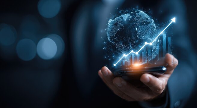 A person's hand holding a digital globe with an upward-trending graph, symbolizing global business growth. - Powered by Adobe