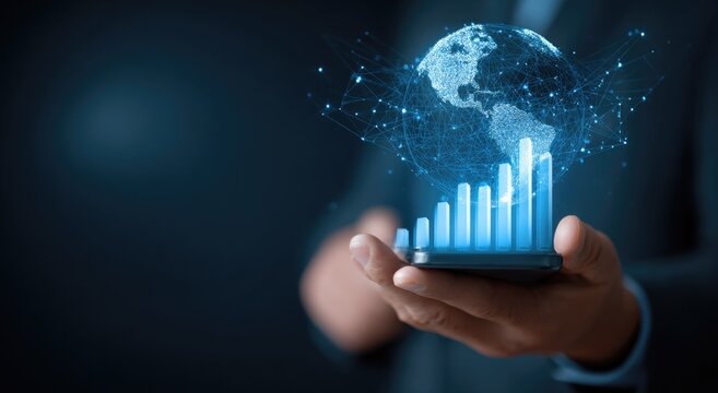 Businessman holds phone, digital graphic of global growth - Powered by Adobe