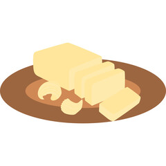 A rectangular block of butter is sliced on a brown oval plate with curls of butter around it on a white background