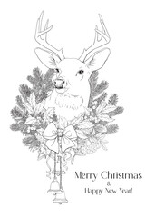 Line art Vintage Christmas illustration with deer, bow, hang bells, fir branches, holly, mistletoe, rowan. Black white. Hand drawn Vector background for design holiday decor, greeting card, poster