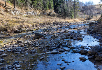 Autumn walks along the banks of a mountain river with clear, cool water in the morning hours with the rising sun