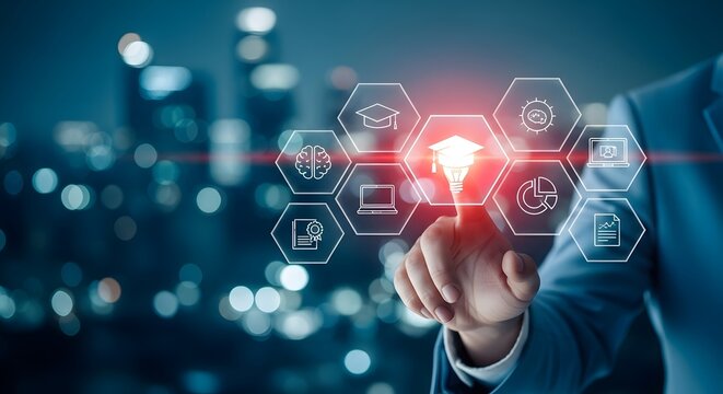 Businessman touching education icons in a city background