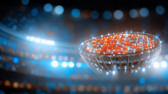 Spectacular view of a modern stadium illuminated at night showcasing vibrant lights and a thrilling atmosphere for sports events.