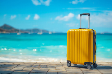 Yellow luggage baggage suitecase bag on the floor road streat with beautiful sea background landscape in travel trip