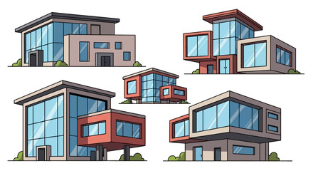 Modern architectural designs showcasing contemporary building structures with glass facades.