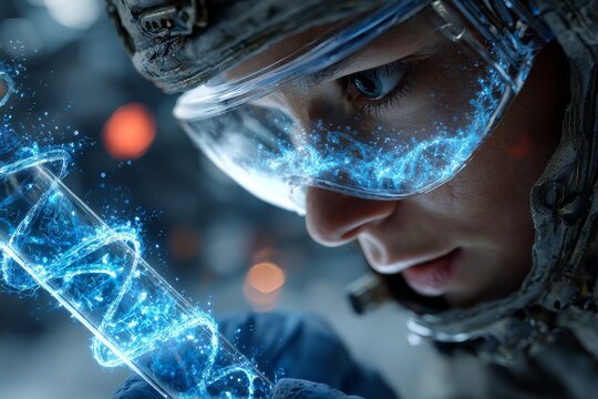 digital molecular experiment, scientist handling glowing liquids. Generative AI