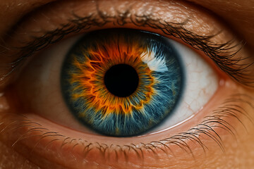 A close-up macro shot of a human eye reveals a striking iris surrounded by vibrant rings