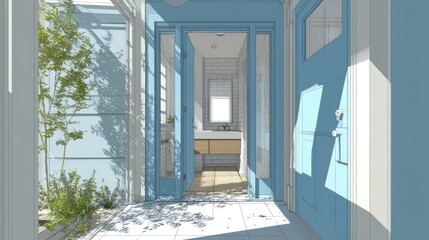 Architectural interior perspective with blue doors and natural light