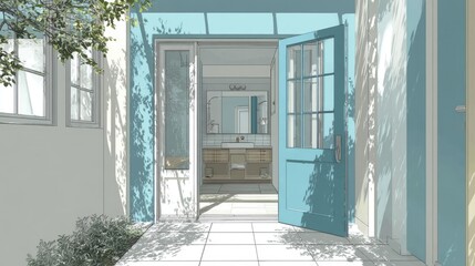 Architectural rendering of open doorway with sunlight and interior view