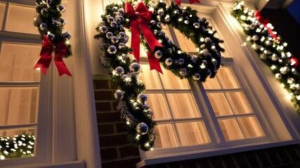 Illuminated holiday house with festive lights and elegant wreaths at dusk