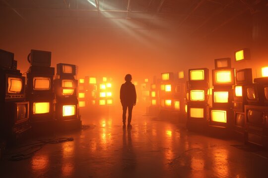 A solitary figure stands amidst a glowing sea of vintage televisions in a dystopian, dreamlike world, with warm light and foggy atmosphere creating a surreal scene. - Powered by Adobe