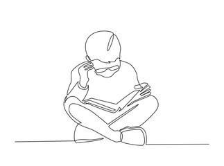 Young boy reading book outline draw illustration. Continuous line art drawing of smart boy sitting and reading book. Editable stroke.