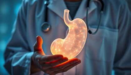 Physician presenting illuminated 3D stomach model with glowing network human anatomy internal organ