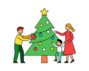 Family decorating Christmas tree vector isolated on white background