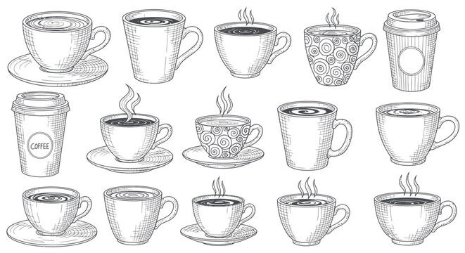 Line art of steaming hot coffee mugs, ideal for café branding, menu design, or cozy lifestyle projects