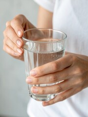 A close-up of a person holding a clear glass filled with water, showcasing hydration and wellness in a bright, neutral environment.