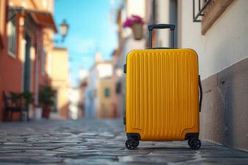 Yellow luggage baggage suitecase bag on the floor road streat with beautiful city street background landscape in travel trip