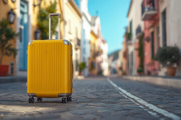 Yellow luggage baggage suitecase bag on the floor road streat with beautiful city street background landscape in travel trip
