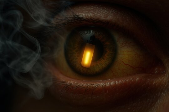 Close-up of an eye reflecting a glowing vape device, symbolizing nicotine dependence and psychological addiction
