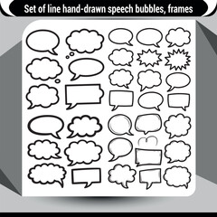Hand-drawn speech, thought bubbles, and comic frames doodle set