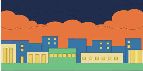 Simple cityscape with blue buildings and orange sky