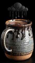 Artistic coffee mug with black abstract cloud illustration on dark background