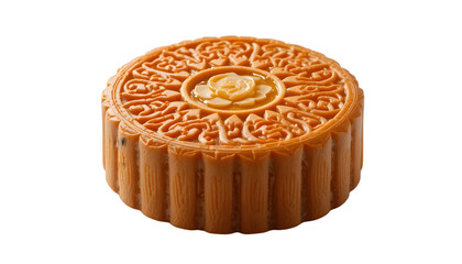 Traditional Mooncake with Intricate Pattern on White Background