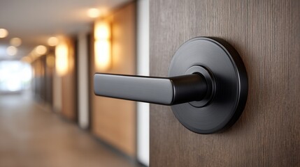 Close-up of a sleek black door handle on a wooden door in a hotel corridor, showcasing modern design and elegance.