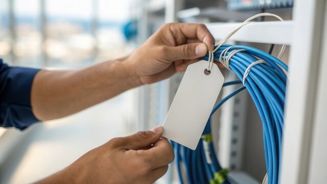 A technician labels blue network cables in a contemporary data center. The setting is bright and organized, emphasizing technology and efficiency.