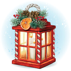 Watercolor hand drawn christmas lantern decoration