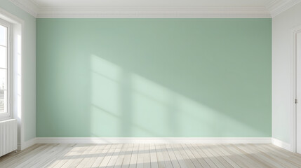 Empty Minimalist Interior Room with Mint Green Wall and Sunlight Shadows