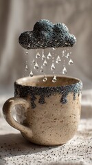 Artistic stoneware mug and cloud with water droplets conceptual art