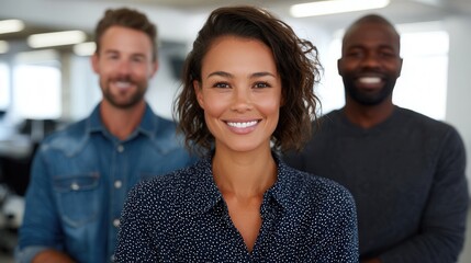 A diverse group of three professionals smiling in a bright office setting. The mood is positive and collaborative, ideal for business themes.