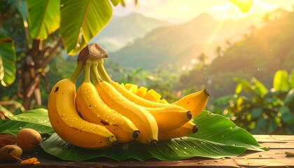 Bunch of ripe bananas on a table with a scenic mountain backdrop