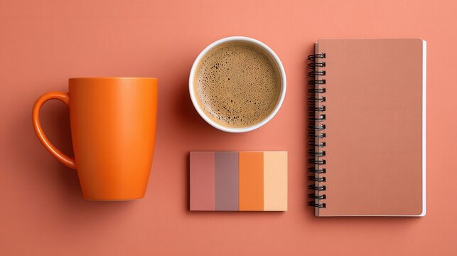 A cozy workspace featuring a cup of coffee, a notebook, and color swatches on a warm orange background. Ideal for creative inspiration and productivity.