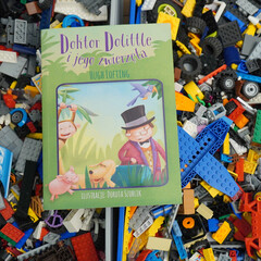 Naklejka premium Doctor Dolittle and His Animals book cover with colorful toy blocks background