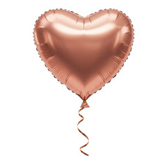 A single, perfectly heart-shaped rose gold Mylar foil balloon, highly reflective with a golden-brown satin ribbon, gently floating on a transparent studio background with copy space, sophisticated