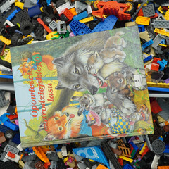 Obraz premium Colorful children's book with forest animals on a pile of colorful toy blocks