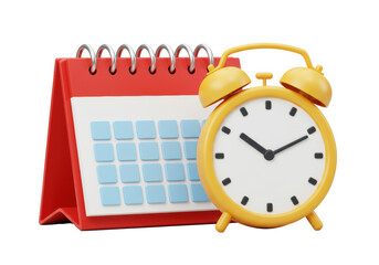 Vibrant 3D red desk calendar with silver spiral and light blue squares, overlapped by elegant analog clock with luminous yellow rim, on white background, concept of time management and planning