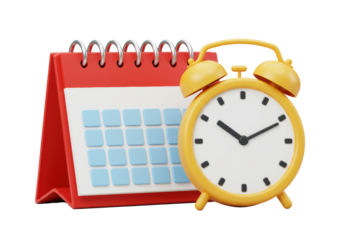 Vibrant 3D red desk calendar with silver spiral and light blue squares, overlapped by elegant analog clock with luminous yellow rim, on white background, concept of time management and planning